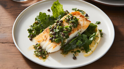 Grilled halibut with capers and greens