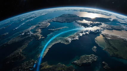 Obraz premium Planet Earth is floating over the ocean ... Sea Freight, Global warming, Travel Concept 