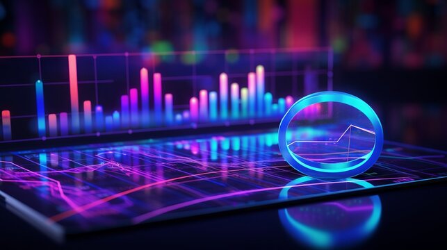 Analyzing data with magnifier, charts, and graphs on ultraviolet and neon screen for business seo insights