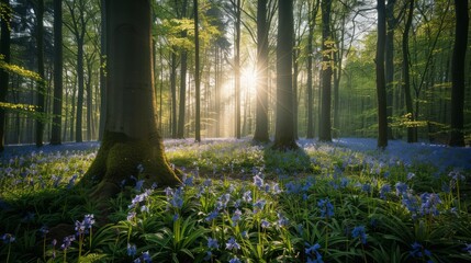 A lush forest in spring, filled with blooming flowers, towering trees, and dappled sunlight filtering through the leaves, creating a vibrant and lively atmosphere 