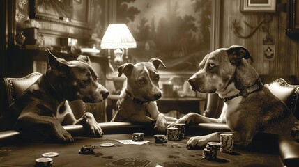 Dogs playing poker in a smoky room, 1920s setting, sepia tones