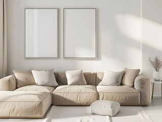 Modern Minimalist Living Room with Beige Sofa and Blank Frames