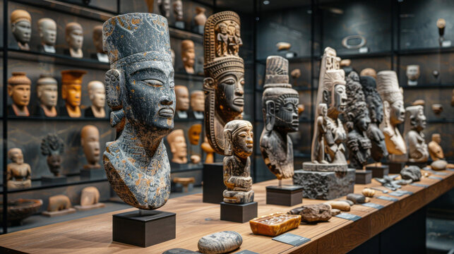 Various African masks displayed in a museum exhibition