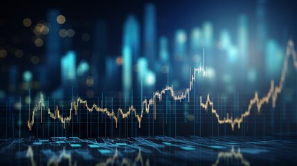 Dynamic financial growth: perspective view of stock market, investing, and data analysis with digital charts and indicators on dark blue background.

