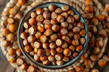 A bowl of hazelnuts on a wooden table.