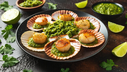Sea scallops with salsa verde sauce on dark table. Delicious seafood. Tasty dish for dinner.