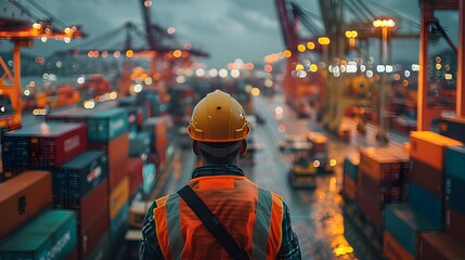 An engineer inspects work at a port with many containers.