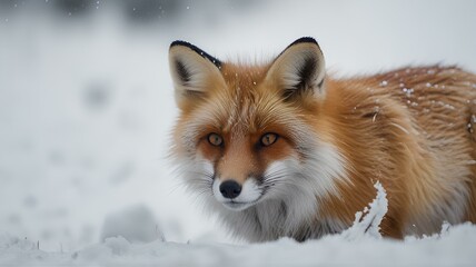 Red fox close-up view in snow landscape. Cold wildlife nature carnivorous animal. beauty of nature