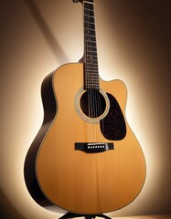 A high-quality acoustic guitar positioned against a warm gradient background, emphasizing its elegant design and wood finish.