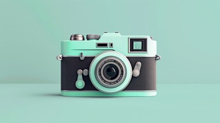 Vintage camera with a fresh mint green facelift isolated on a matching background. Ideal for design enthusiasts