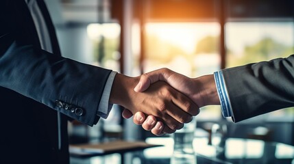 Successful business merger: two businessmen shake hands in celebration of partnership and deal.

