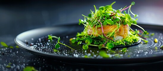 A plate with greens and a fish on it.