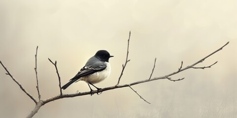 A bird perched on a single branch with negative space, monochrome