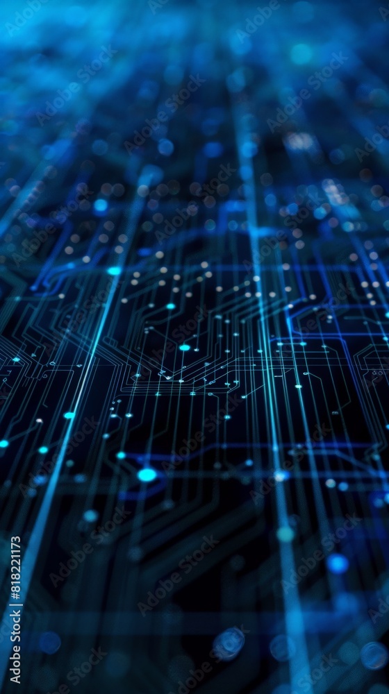 Poster close-up of a complex blue circuit board with glowing connections. technology and innovation concept