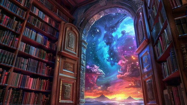 Mystical library door leading to a celestial landscape