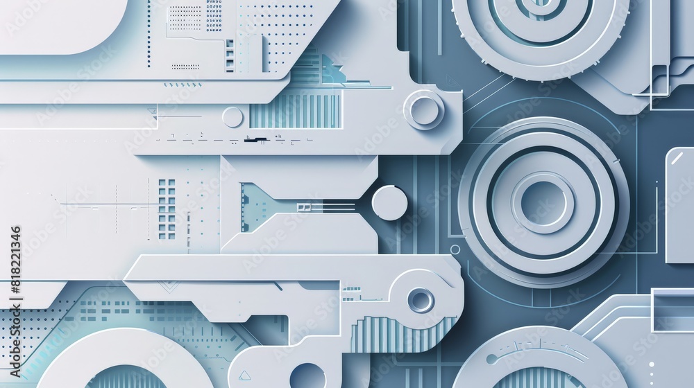 Poster Blue and white abstract design with layered circular patterns and industrial elements. Ideal for modern tech backgrounds