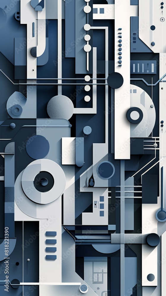 Poster vertical abstract design featuring a complex array of blue geometrical shapes. perfect for contempor