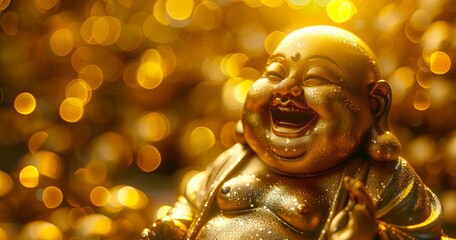 A smiling golden buddha statue with bokeh lights.