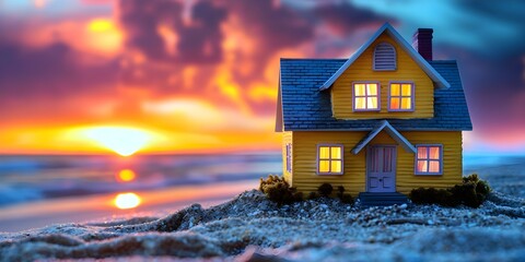 Miniature house on sandy beach at sunset perfect for family real estate. Concept Beach Property, Family Photo, Sunset Backdrop, Miniature House, Real Estate Concept