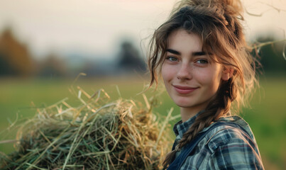 Surrounded by a cozy country farm, a young woman holds fresh hay in her hands, ready to feed her cows.