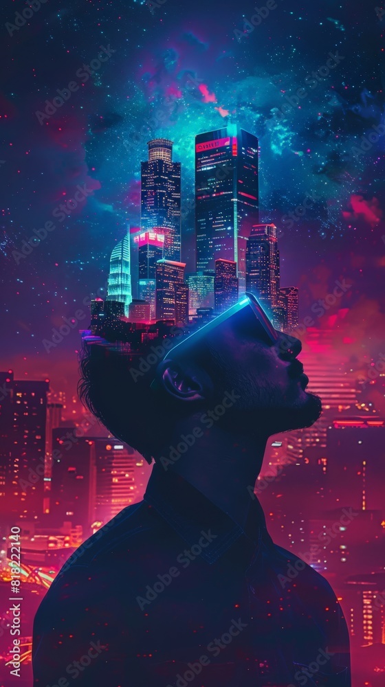 Aufkleber man with futuristic cityscape projection on his face under starry sky. conceptual blend of technolog