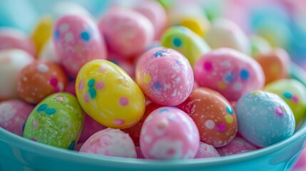 A bowl of colorful candy eggs.