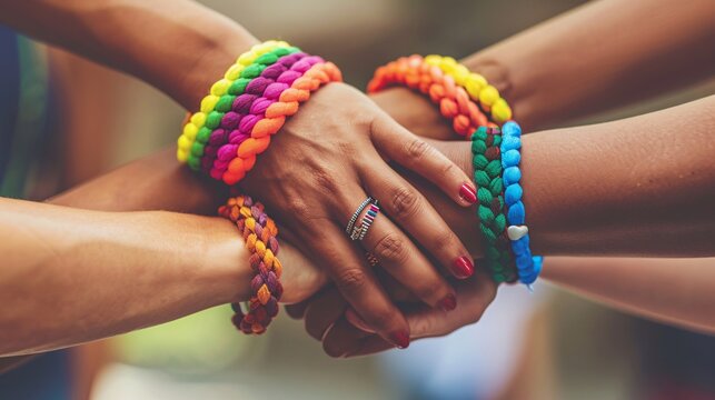 A close-up of hands intertwined, showcasing rainbow bracelets and a sense of unity and support