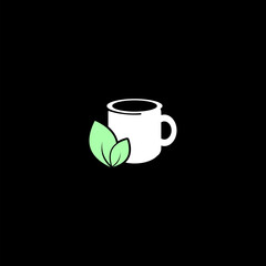 Herbal green tea cup, green leaf with tea cup icon isolated on black background