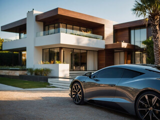 Luxury Electric Vehicle Parked Outside Stylish Villa