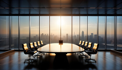 Table In Empty Corporate Office Conference Meeting Room With Chairs Company Board Executive Professional Work Setting City Skyline Backdrop