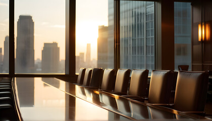 Chairs In Empty Corporate Office Conference Room Interior Company Board Executive Professional Work Setting City Skyline Sunset Backdrop