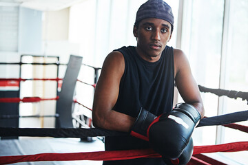 Black man, boxer and portrait for fitness, exercise or training workout ready for fight at gym....