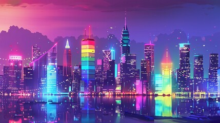 A panoramic view of a tech-city skyline adorned with pride flags and neon decorations during a pride celebration