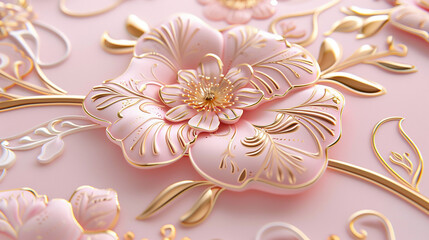 Soft Pink and Gold Floral Design A delicate 3D realistic floral Islamic design in soft pink and gold, showcasing intricate patterns on a pastel pink background.