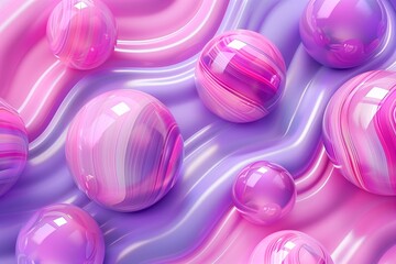 Abstract background with 3d marbled spheres. Pink and purple soft bubbles. Vector illustration of balls textured with wavy striped pattern. Modern cover concept. Decoration element for banner design