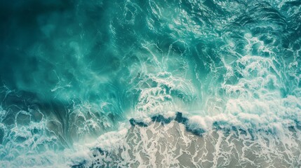 Aerial view of ocean waves, detailed texture of sea foam and water patterns
