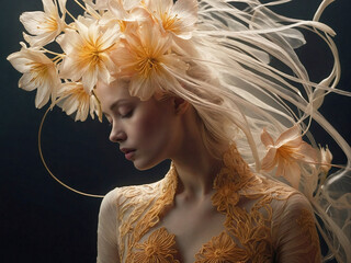 Fashion shoot of a woman with yellow flowers