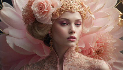 Fashion shoot of a woman with pink and golden flowers