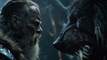 Focus tight on Odin's weathered face, marked by scars of battle, as he stares down Fenrir, whose snarling maw snaps inches from his visage