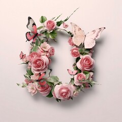 Letter O decorated with pink roses and butterflies. Floral alphabet.