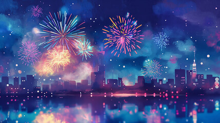 Patriotic celebration, Independence Day fireworks display over a city skyline, watercolour