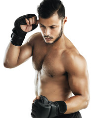 Man, martial arts and gloves in studio for training, fitness or combat by white background. Person,...