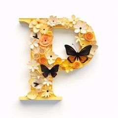 Letter P made of paper flowers and butterflies isolated on white background. 3D illustration.