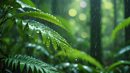 Fototapeta premium Wide Shot of Rainforest with Hyper-Realistic Raindrop and Rich Greenery