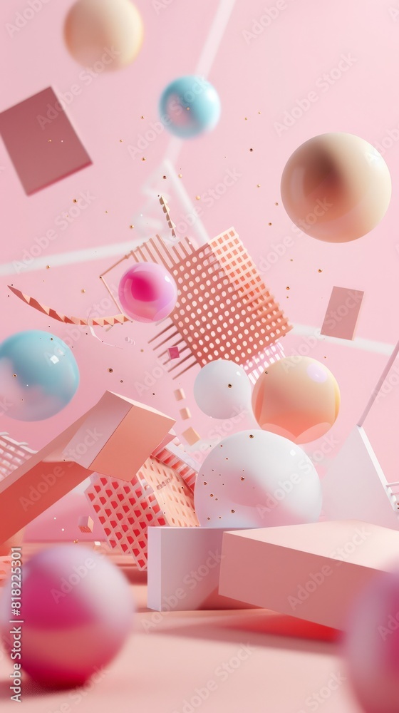 Poster Contemporary abstract scene with a playful arrangement of spheres and blocks in soft pink tones