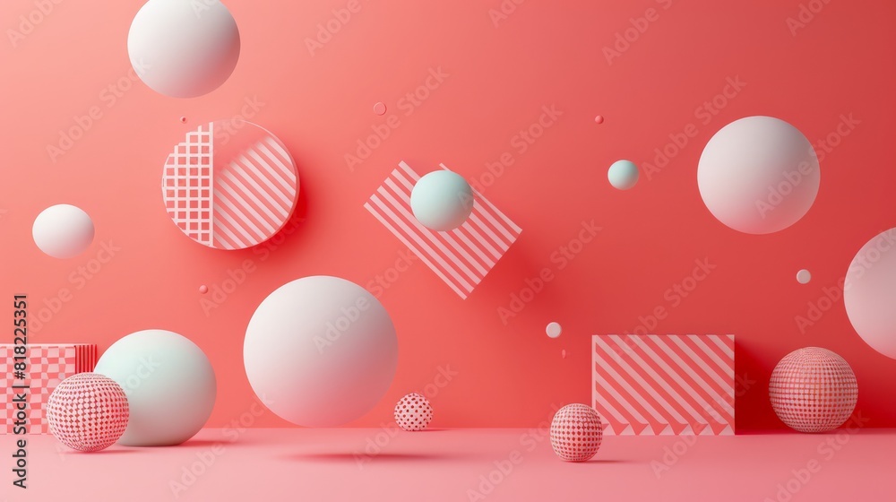 Poster Dynamic abstract composition with floating spheres and geometric blocks in vibrant pink and white tones