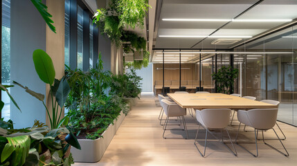 Nature-inspired, Bionic interior design with plant-like structures and green accents