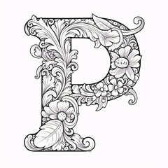 Beautiful floral capital letter P in the Victorian style. Vector illustration.