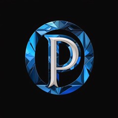 Blue diamond letter P isolated on black background. 3d rendering.