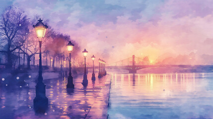 Row of street lamps along a riverside promenade